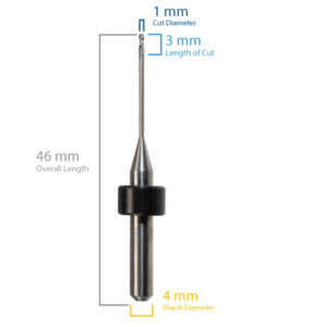 1 x 3 x 4 x 46, 2 FL Ball Endmill for Origin - Haas/Yenadent, Bright Finish, 14.5mm Reach