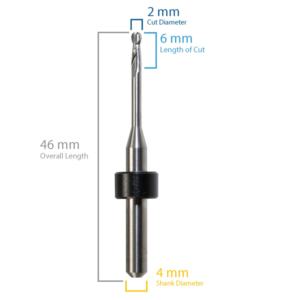 2 x 6 x 4 x 46, 2 FL Ball Endmill for Origin - Haas/Yenadent, Bright Finish, 11.5mm Reach