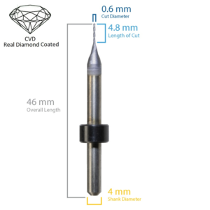 0.6 x 4.8 x 4 x 46, 2 FL Ball Endmill for Origin - Haas/Yenadent, CVD Diamond