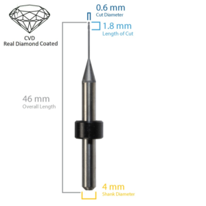 0.6 x 1.8 x 4 x 46, 2 FL Ball Endmill for Origin - Haas/Yenadent, CVD Diamond, 8.2mm Reach