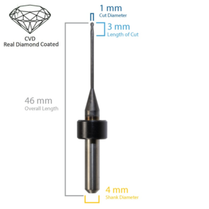 1 x 3 x 4 x 46, 2 FL Ball Endmill for Origin - Haas/Yenadent, CVD Diamond, 14.5mm Reach