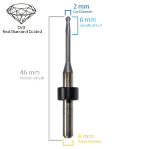 2 x 6 x 4 x 46, 2 FL Ball Endmill for Origin - Haas/Yenadent, CVD Diamond, 11.5mm Reach