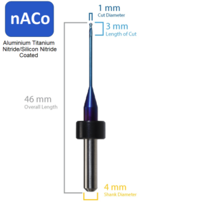 1 x 3 x 4 x 46, 2 FL Ball Endmill for Origin - Haas/Yenadent, nAco, 14.5mm Reach