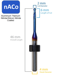 2 x 6 x 4 x 46, 2 FL Ball Endmill for Origin - Haas/Yenadent, nAco, 11.5mm Reach