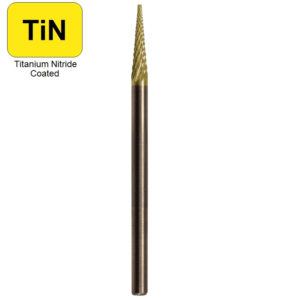 .0925" x 3/8" x .0925" x 1-1/2", 10&deg;, Solid Hand Piece Burr, Fine Cut, TiN